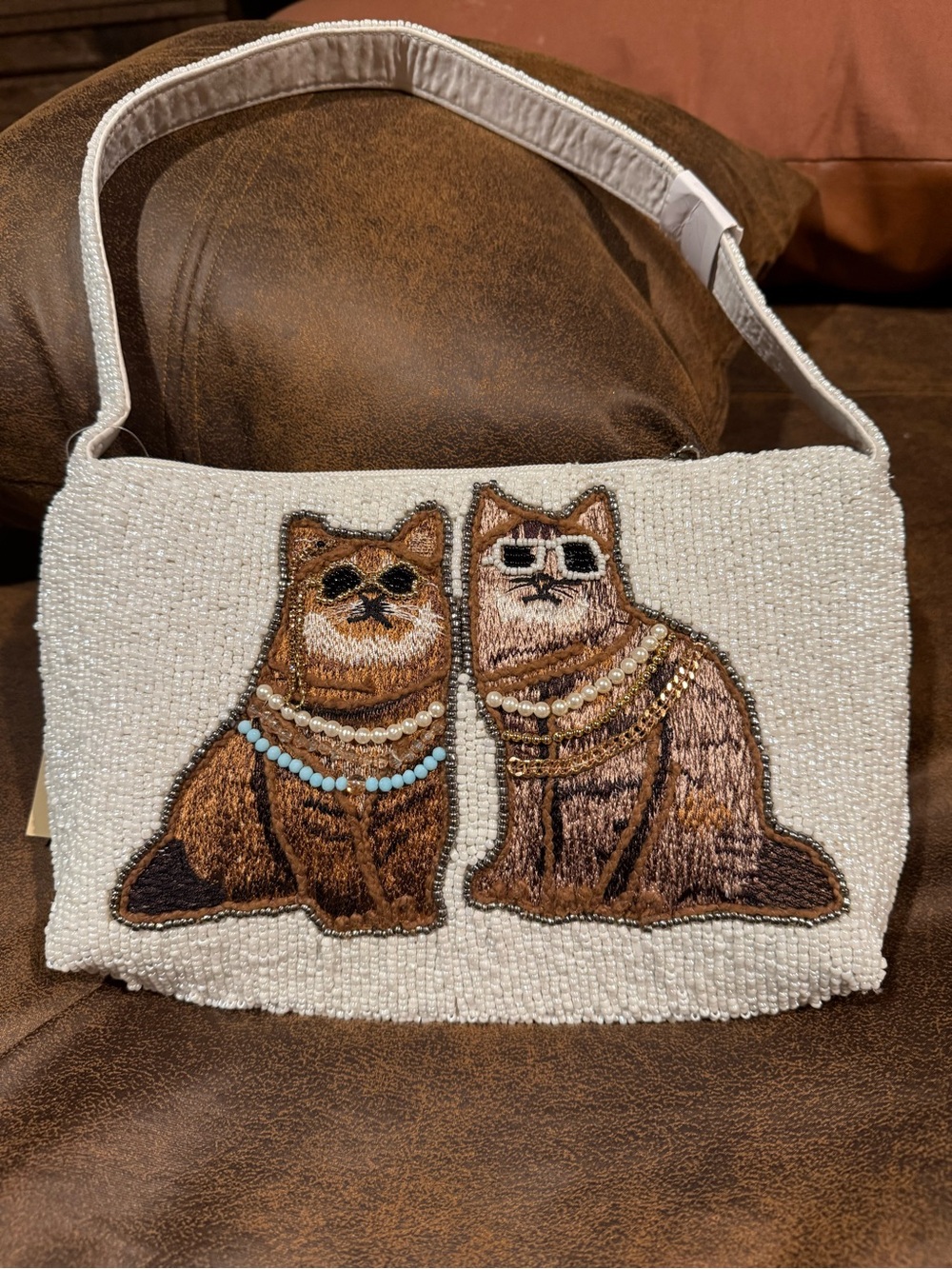 Beaded Cat Portrait Shoulder Bag with Brown Embroidered Cats by Studio 12 NWT